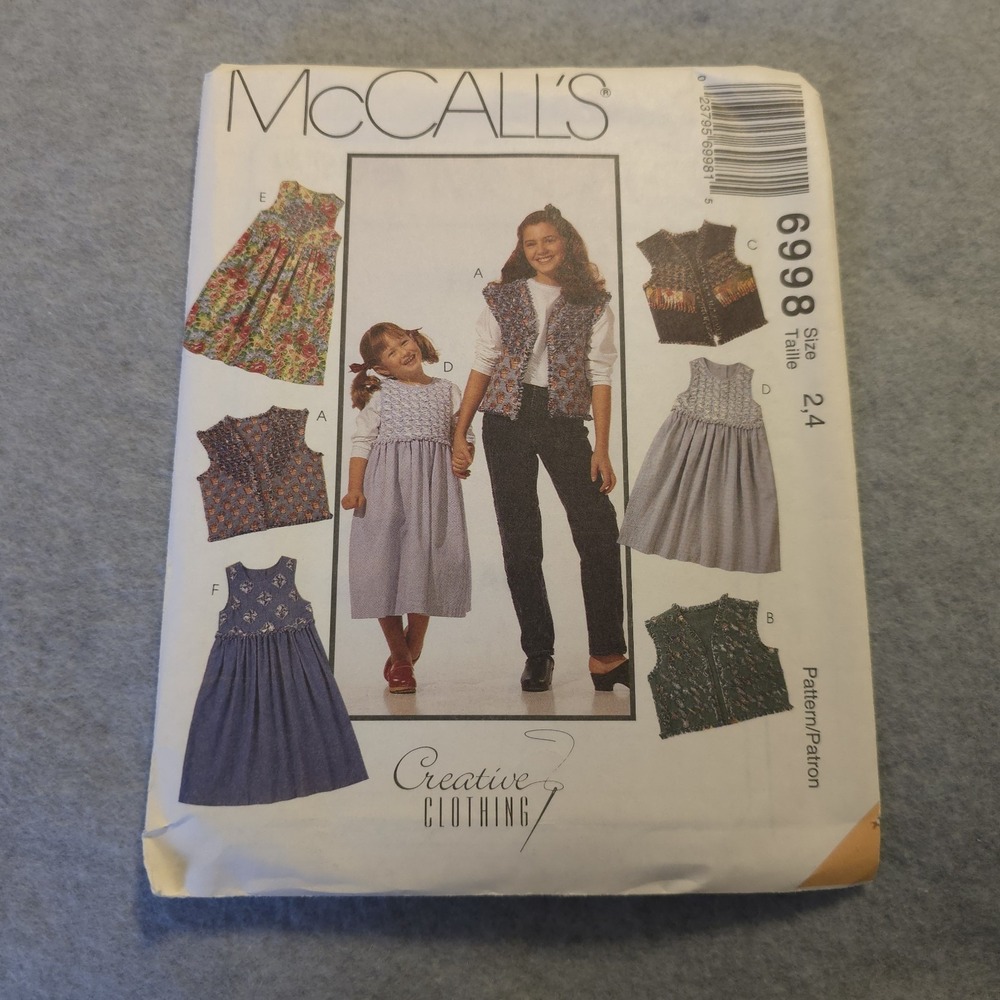 MCCALLS 6998 GIRL'S SZ 2-4 Creative Clothing JUMPERS & VESTS SEWING PATTERN VTG